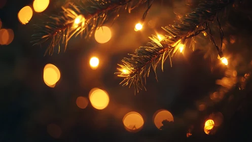 Fir needles cradle golden bokeh lights in winter hush.