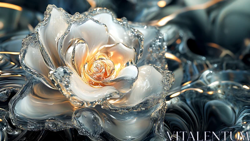 Luminous crystal rose blooming in liquid silver dreamscape.
