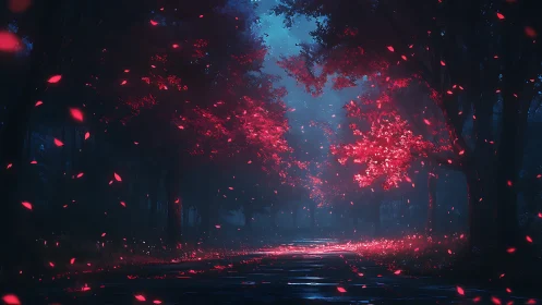 Enchanted crimson forest path under moody twilight glow.