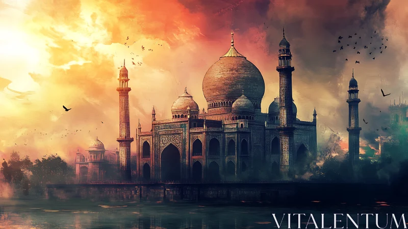 Domed monument with minarets under vivid cloudy sky.