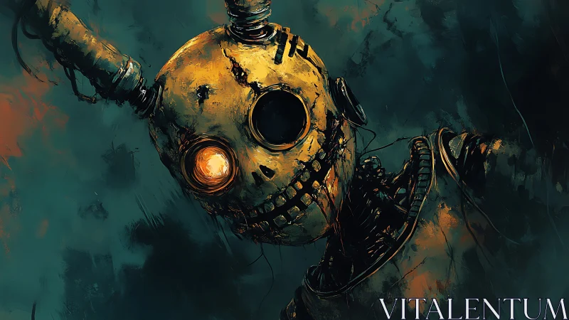 Rust-scarred robotic skull with glowing eye in teal gloom.