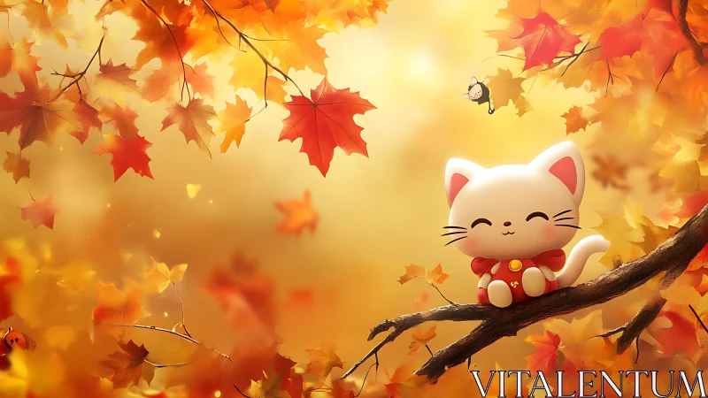 Smiling autumn kitten relaxes on a branch amid falling leaves