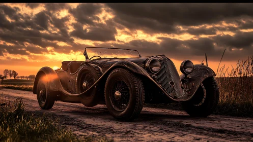 Photorealistic vintage roadster under dramatic sunset sky.