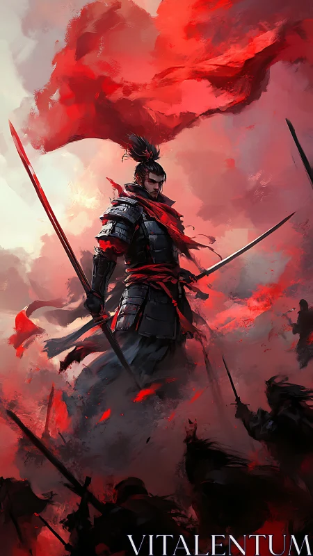 Armored swordsman under red banner leading battlefield scene.