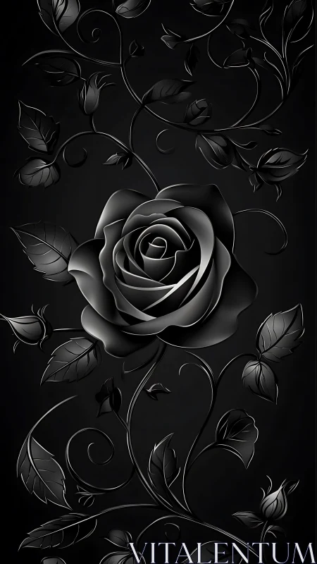 Velvet night rose unfurls in ornate monochrome arabesque.