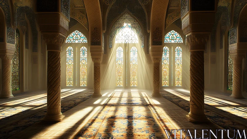 Radiant Islamic hypostyle hall with volumetric stained-glass light.