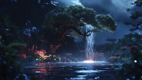 Tree arches over luminous waterfall in rainy night valley
