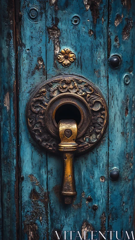 Ornate brass door handle on weathered teal wooden surface.