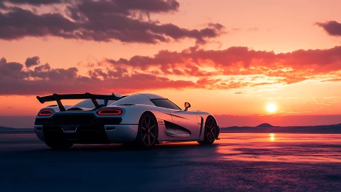 White supercar on open flatland under vivid sunset sky.