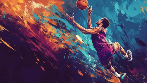 Soaring basketball player caught in a splash of cosmic color.