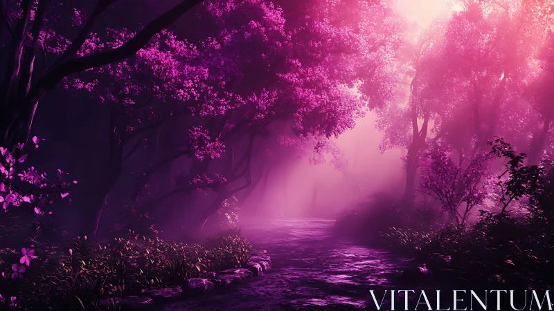 Luminescent Forest Pathway: Neon Magenta Foliage and Mystical Atmospheric Glow.