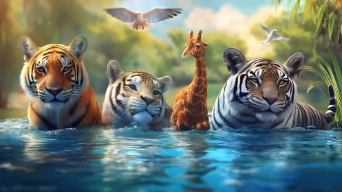 Tigers and Giraffe in Water: Wildlife Fantasy.
