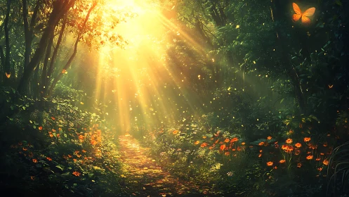 Luminous forest path with golden sunbeams and orange blooms.