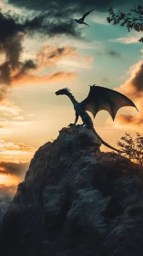 Winged dragon silhouette on rocky peak at sunset sky.