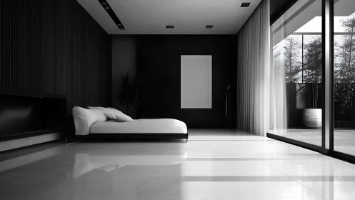 Minimalist monochrome bedroom with panoramic glass wall