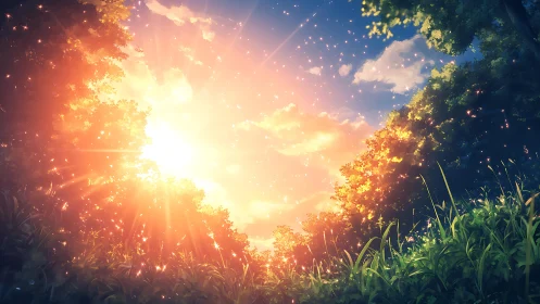 Sunlit forest clearing with bright sky and floating particles.