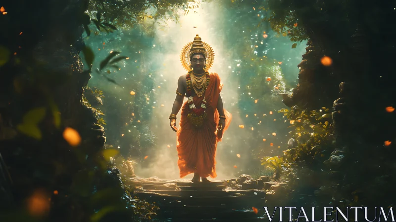 Radiant forest deity walking through glowing jungle light.