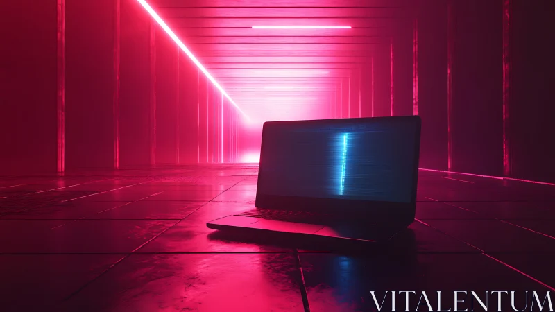 Neon-lit laptop in vaporwave tunnel with glitching display.