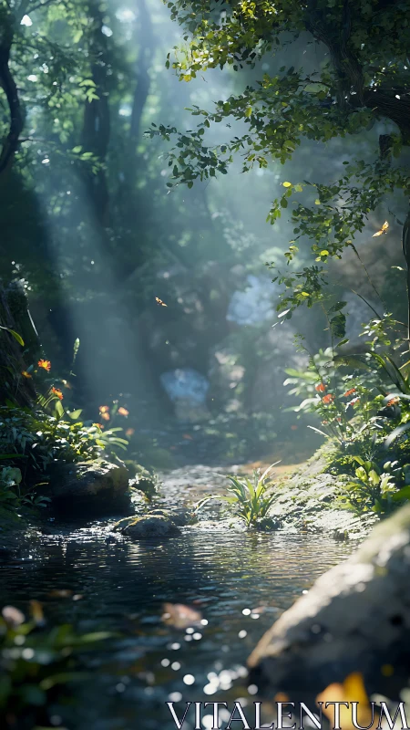 Forest Stream with Dappled Sunlight and Flowing Water