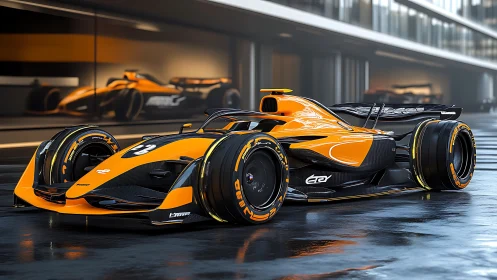 Futuristic orange hypercar with aerodynamic race tuning in studio.