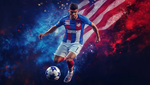 Star-spangled striker surges through cosmic red and blue glory.