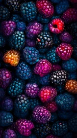 Color-saturated raspberries and blackberries in close macro view.