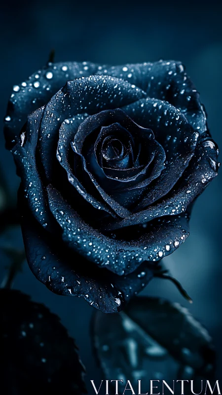 Midnight blue rose holds glistening dewdrops in darkness