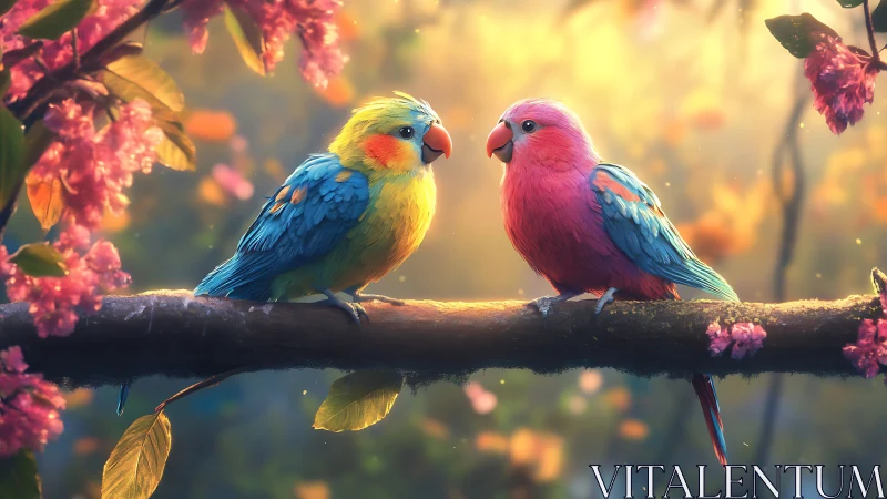 Two Colorful Parrots on a Branch in Vibrant Springtime Setting.