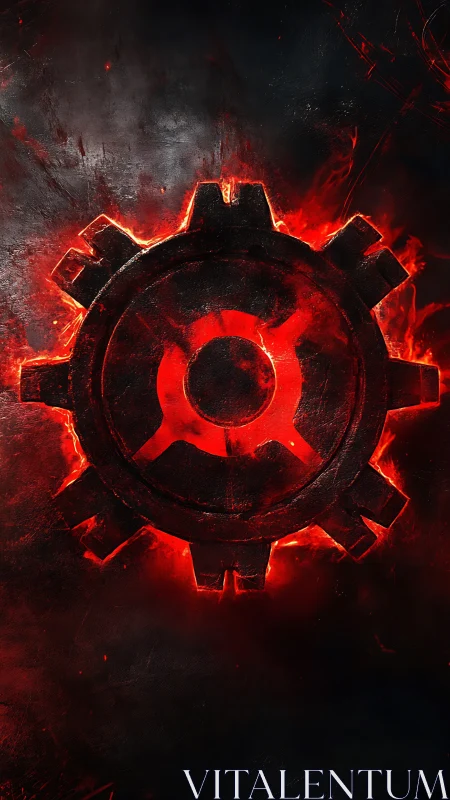 Molten red gear emblem over scorched industrial steel.