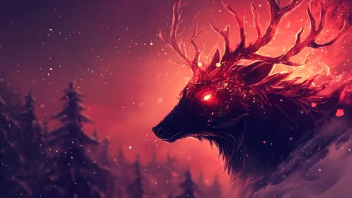 Flaming-antler stag profile in snowy conifer forest at dusk.