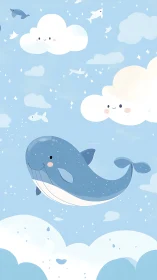 Cute blue whale floating through pastel sky clouds.