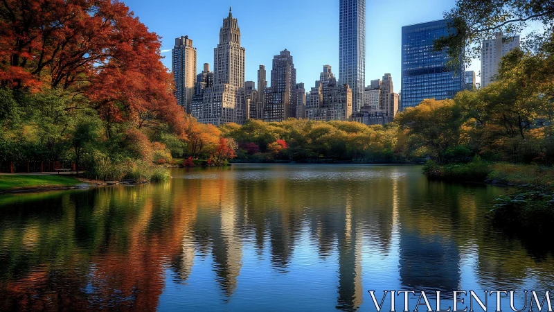 High dynamic range autumn skyline mirrored in calm urban lake