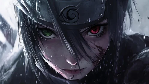 Battle worn anime ninja with intense mismatched eyes.