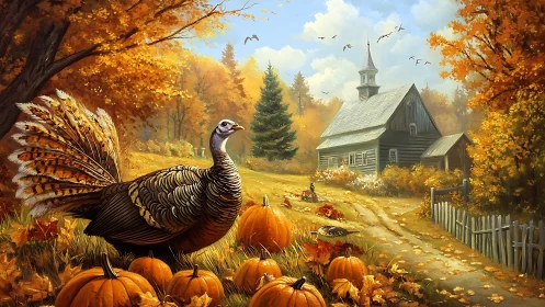 Autumn turkey with pumpkins near rustic countryside chapel.