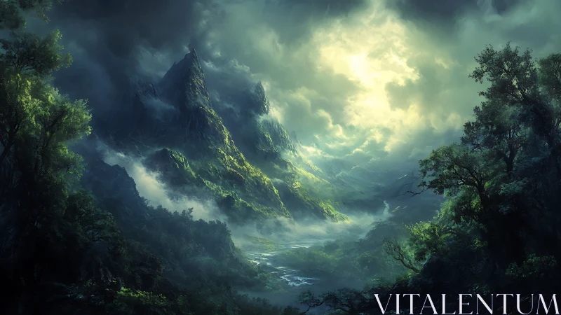 Volumetric-lit alpine valley with mist-draped jagged spires.