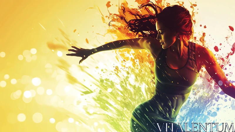 Dynamic female figure extends arm amid radial color burst