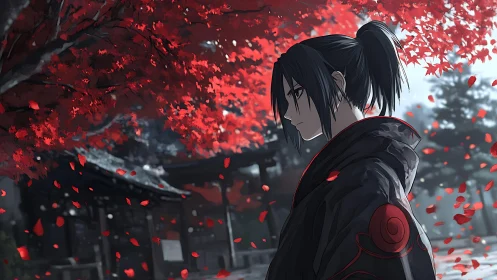 Quiet warrior pauses beneath a storm of crimson leaves