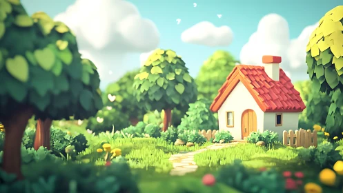 Sunny cottage nestles in lush cartoon forest clearing