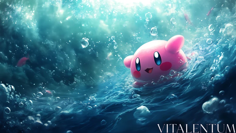 Pink spherical creature drifting through dynamic teal waves.