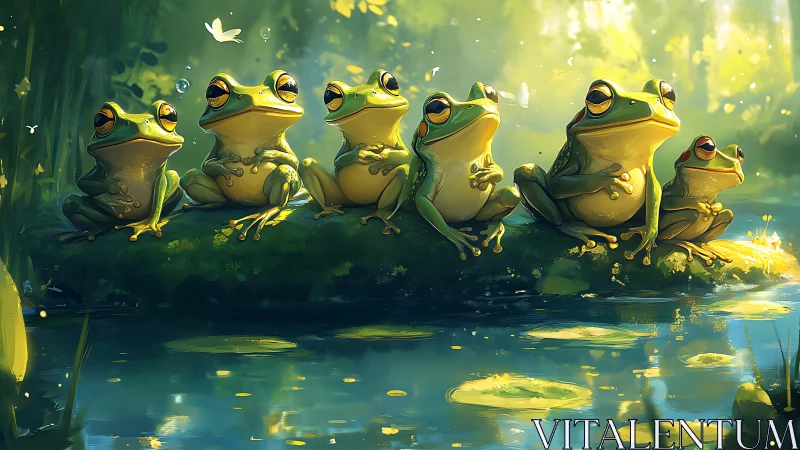 Row of stylized green frogs sits on mossy log above pond