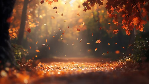 Golden autumn leaves swirling along a sunlit forest path.