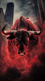 Crimson bull charges through urban canyon in explosive haze.