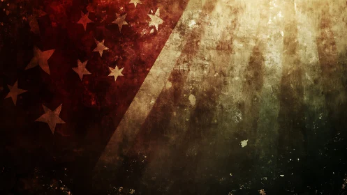 Grunge textured flag fragment with stars and light rays.