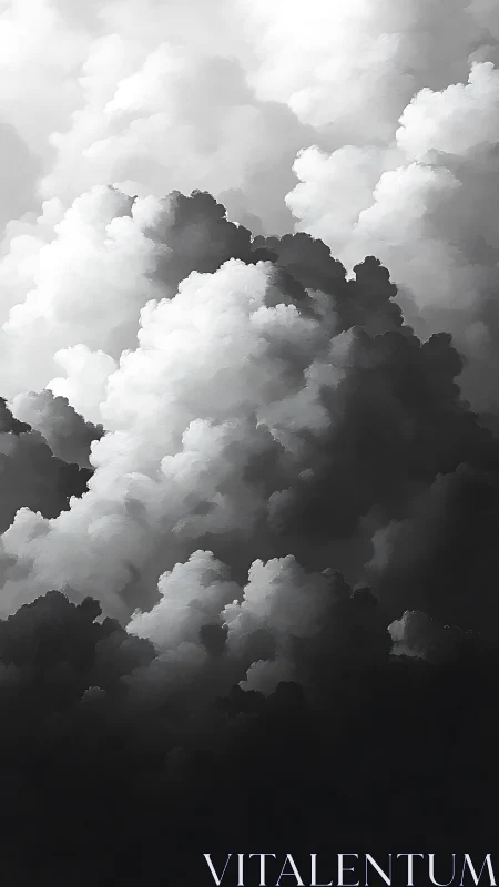 Soft stormy clouds rising in a dreamy grayscale sky.