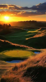 Sunset brushes a silent golf green with molten light