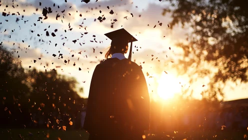 Graduate silhouette under golden sunset with flying confetti.