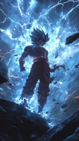 Electrified warrior ascends through storming cosmic energy.