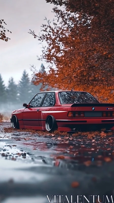 Red classic BMW resting by a quiet autumn forest road.