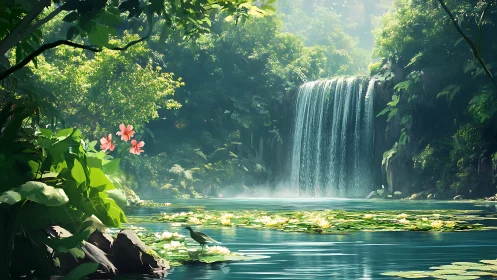Waterfall pool in dense tropical forest environment.