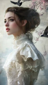 Victorian lace portrait with avian motion and soft bokeh field.